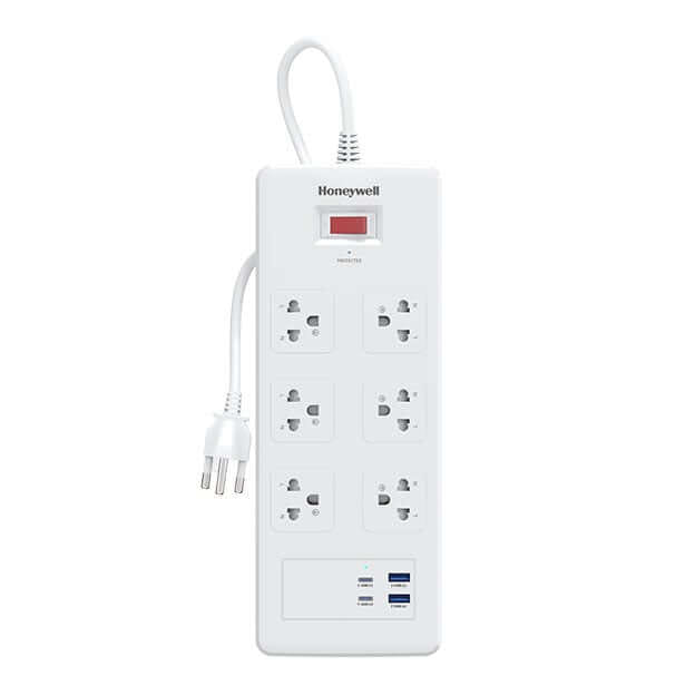 รางปลั๊กไฟ 6 ช่อง HONEYWELL รุ่น HC000048 ป้องกันไฟกระชาก ความยาว 1.8 เมตร พร้อมช่องเสียบ (USB-A 2 ช่อง , USB-C 1 ช่อง)_0